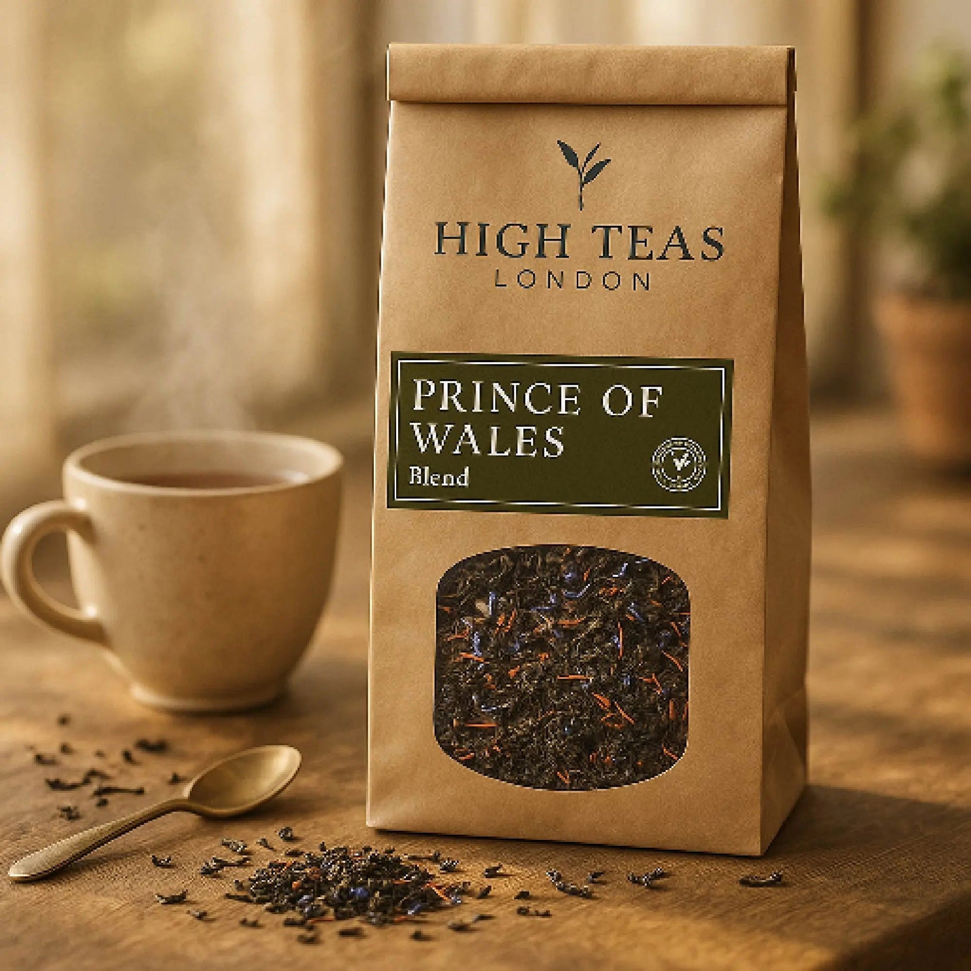 Loose leaf Prince of Wales tea by High Teas in a tin, with leaves displayed on a wooden table, ready for brewing.