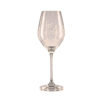 Glassware UK Diamante "Wine O'Clock" wine glass with printed design, displayed in a gift box, high-quality and elegant presentation.