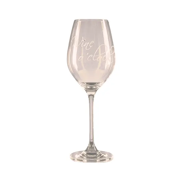 Elegant Glassware UK Diamante "Wine O'Clock" wine glass with decorative design, presented in a gift box, perfect for wine lovers.