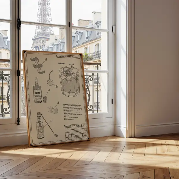 Artwork print of an Old Fashioned recipe on high-quality FSC-certified matte paper, displayed in a glassware UK frame.