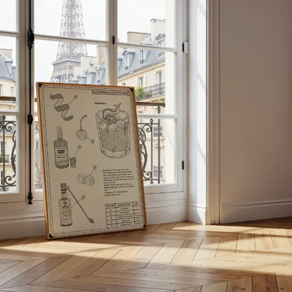 Artwork print of an Old Fashioned recipe on high-quality FSC-certified matte paper, displayed in a glassware UK frame.