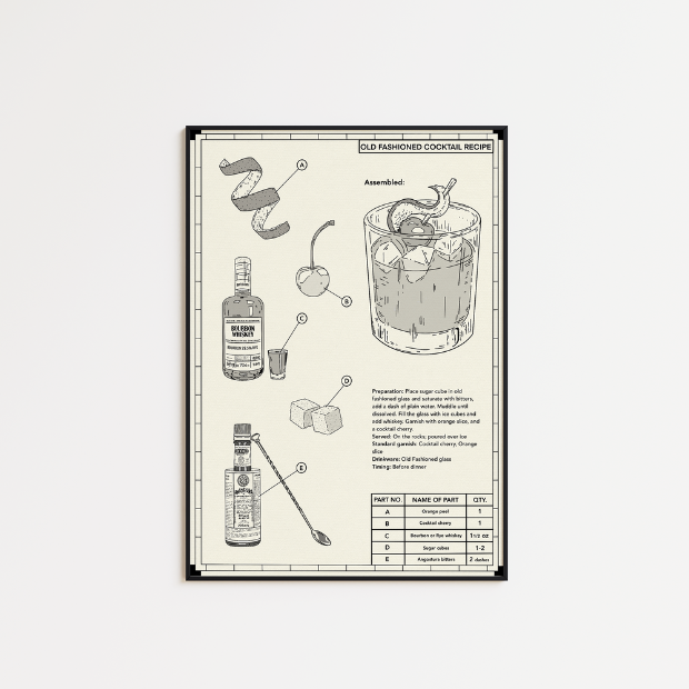 Artwork print of an Old Fashioned recipe on high-quality FSC-certified matte paper, by Glassware UK.