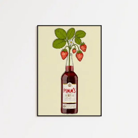 Artwork print titled Pimms & Flowers on high-quality FSC-certified archival matte paper, featuring vibrant floral and beverage illustrations.