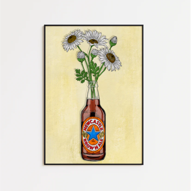High-quality print of Newcastle Brown & Flowers artwork on FSC-certified 230gsm archival matte paper by Glassware UK.