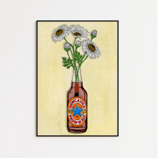 High-quality print of Newcastle Brown & Flowers artwork on FSC-certified 230gsm archival matte paper by Glassware UK.