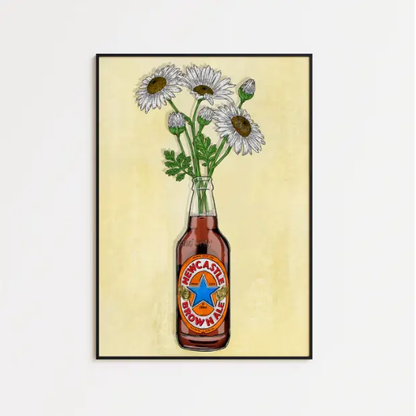 High-quality archival matte print of Newcastle Brown & Flowers artwork by Glassware UK on FSC-certified paper.