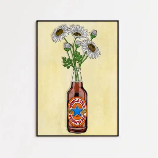 High-quality archival matte print of Newcastle Brown & Flowers artwork by Glassware UK on FSC-certified paper.
