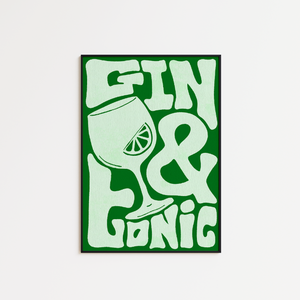 Funky Gin & Tonic artwork printed on high-quality FSC-certified 230gsm archival matte paper, showcasing vibrant, colorful design.