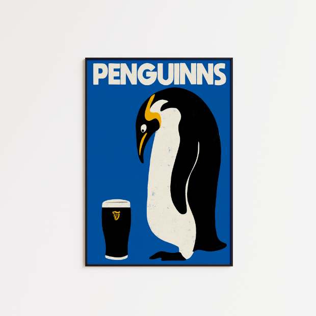 Penguinns Penguin Guinness artwork print on high-quality FSC-certified matte paper, featuring detailed penguin illustration.