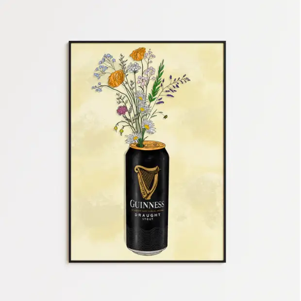 High-quality archival matte print of Guinness & Flowers artwork by Glassware UK on FSC certified paper.