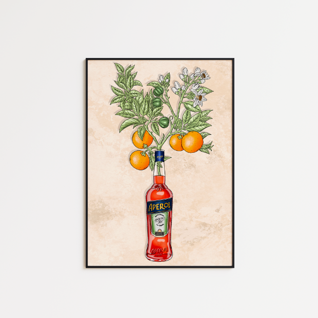 Artwork of Aperol and oranges printed on high-quality FSC-certified archival matte paper, suitable for framing or display.