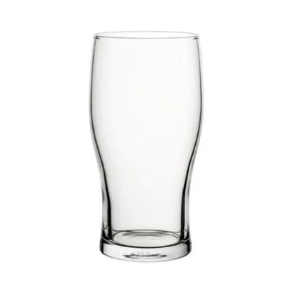 Set of six Tulip Pint Glasses by Glassware UK, 570ml tankards with tulip shape, clear glass, and smooth rims.