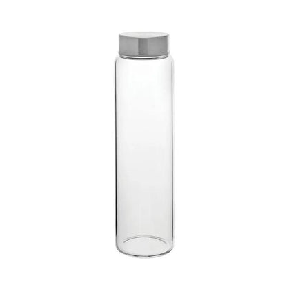 Set of six 1-liter screw top glass bottles by Glassware UK, clear glass with metal screw caps, ideal for storage or beverages.