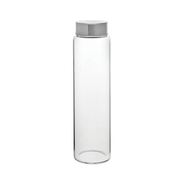 Set of six 1-liter screw top glass bottles by Glassware UK, clear transparent bottles with metal screw caps for storage.