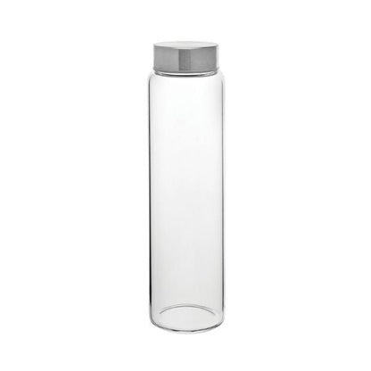 Set of six 1-liter screw top glass bottles by Glassware UK, clear transparent bottles with metal screw caps for storage.
