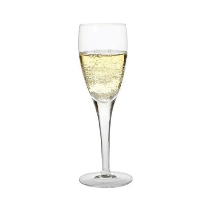 Set of six Luigi Bormioli 160ml champagne flutes with clear glass and elegant, slender design, perfect for celebrating.