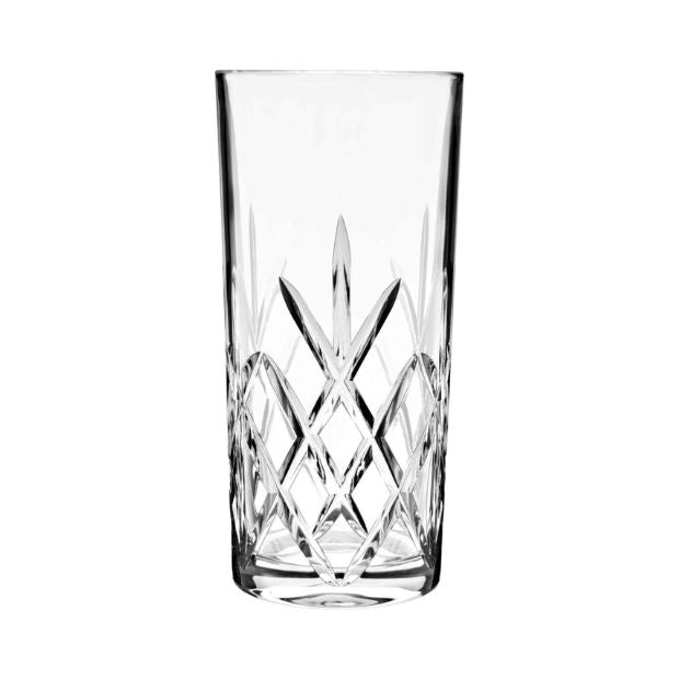 Set of six Flamenco Crystalite highball glasses, 350ml whisky tumblers by Glassware UK, clear glass with a sleek full cut design.