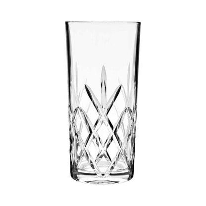 Set of six Flamenco Crystalite highball glasses, 350ml whisky tumblers by Glassware UK, clear glass with a sleek full cut design.