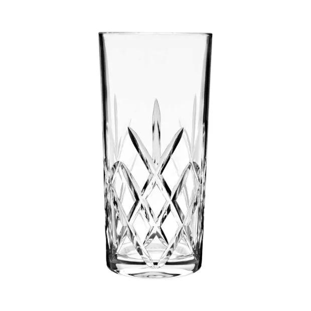 Set of six Flamenco Crystalite highball glasses, 350ml whisky tumblers by Glassware UK, with clear, elegant full cut design.