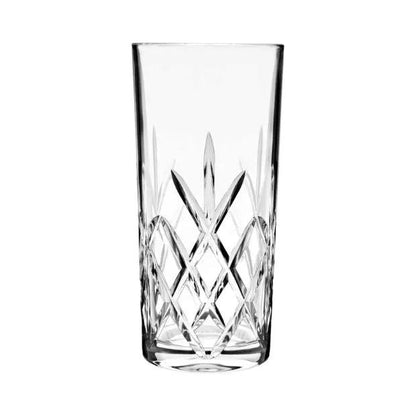 Set of six Flamenco Crystalite highball glasses, 350ml whisky tumblers by Glassware UK, with clear, elegant full cut design.