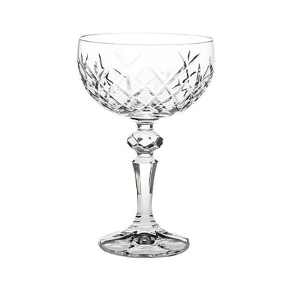 Set of six Flamenco Crystalite champagne flutes with full cut design, 200ml capacity, made by Glassware UK.