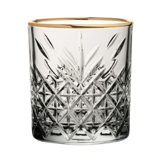 Set of six Timeless DOF gold rimmed glass whisky tumblers, 360ml capacity, elegant drinkware from Glassware UK.