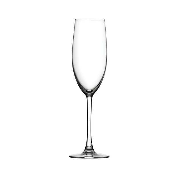 Set of six Glassware UK Reserva Glass Flute Act Max champagne flutes, 240ml, with clear glass and elegant tall design.