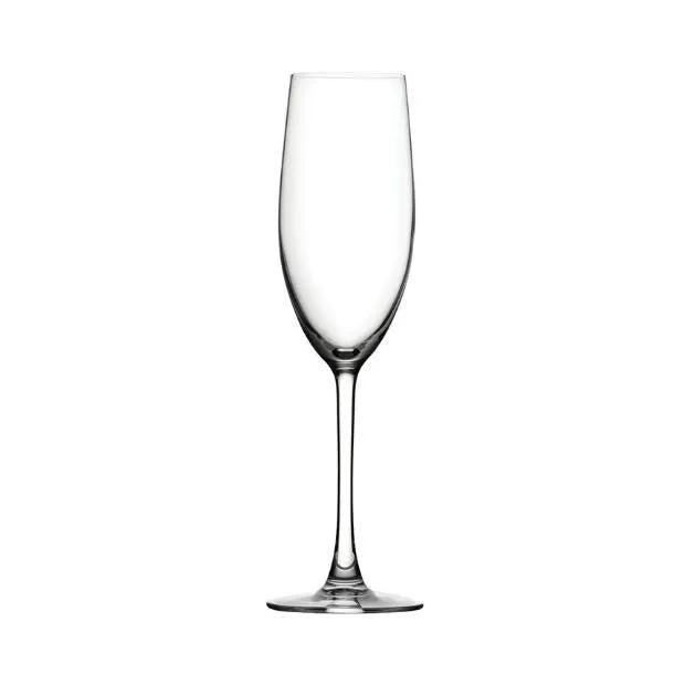 Set of six Glassware UK Reserva Glass Flute Act Max champagne flutes, 240ml, with elegant tall, slender design and clear glass appearance.