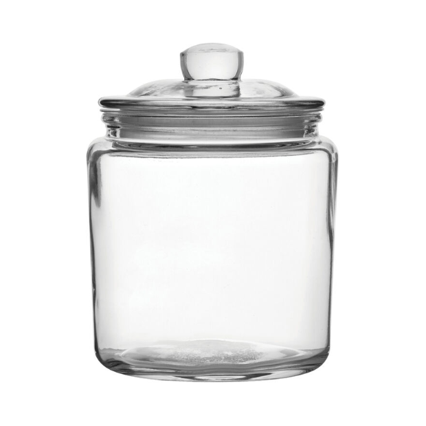 Glassware UK Biscotti glass jar with a 0.9L capacity, clear container for storing baked goods and snacks.