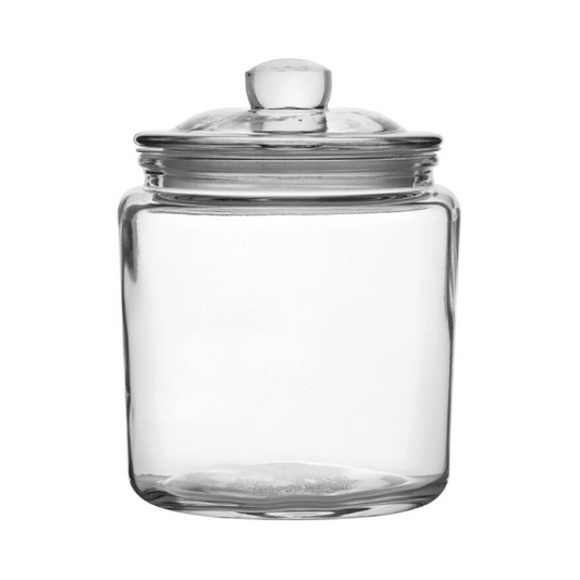 Glassware UK Biscotti glass jar with a 0.9L capacity, clear container for storing baked goods and snacks.