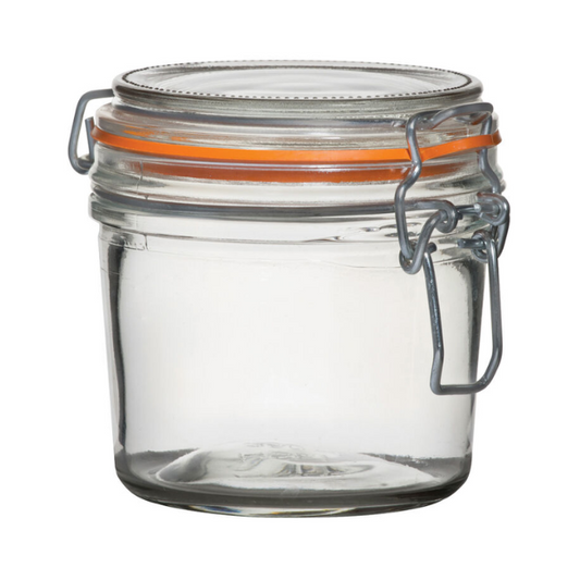 Glassware UK 350 ml terrine glass jar, clear container with lid, ideal for storing food or ingredients in a kitchen or pantry.