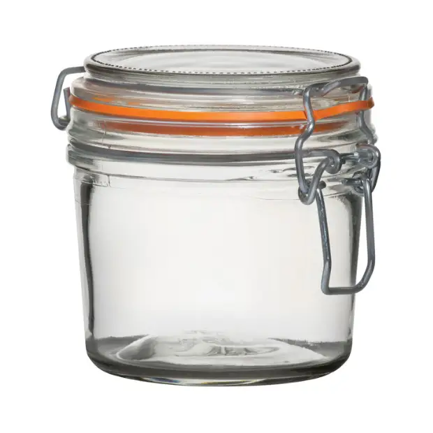 Glassware UK 350 ml terrine glass jar with a clear, cylindrical design and metal clasp lid, perfect for food storage and presentation.