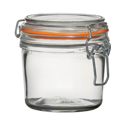 Glassware UK 350 ml terrine glass jar with a clear, cylindrical design and metal clasp lid, perfect for food storage and presentation.