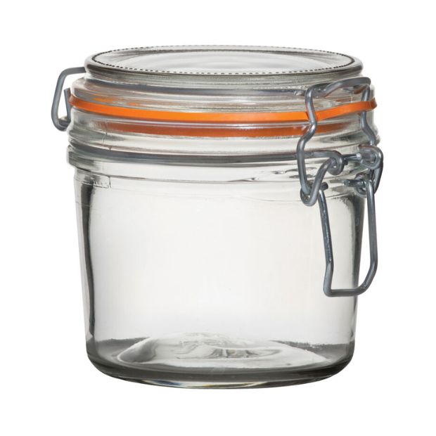 Glassware UK 350 ml terrine glass jar for storing food, with a clear, cylindrical design and metal lid, ideal for kitchen storage.