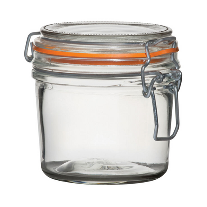 Glassware UK 350 ml terrine glass jar for storing food, with a clear, cylindrical design and metal lid, ideal for kitchen storage.