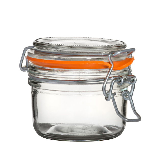 Glassware UK 125ml terrine glass jar for food storage, with transparent design and secure lid, ideal for kitchen organization.