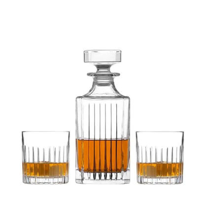 Glassware UK Broadway 3-piece whisky decanter set with matching glasses in a gift box, elegant and stylish for whiskey storage.