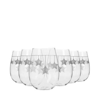Six Krosno Star Stemless Wine Glasses by Glassware UK with silver hanging star designs, 500ml capacity, set of 6.