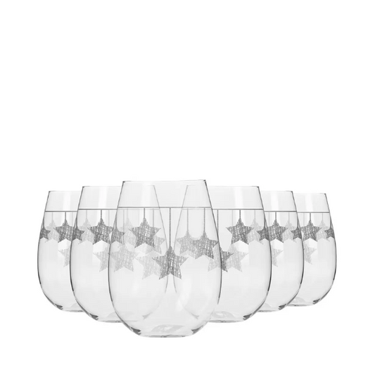 Six Krosno Star Stemless Wine Glasses by Glassware UK with silver hanging star designs, 500ml capacity, set of 6.