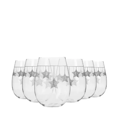Set of 6 Krosno Star Stemless Wine Glasses with silver hanging stars, 500ml capacity, elegant glassware from Glassware UK.