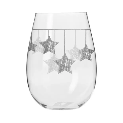 Set of six Krosno Star stemless wine glasses with silver hanging star designs, 500ml capacity, made by Glassware UK