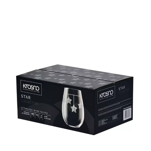Set of six Krosno Star Stemless Wine Glasses by Glassware UK with silver hanging star designs, 500ml capacity.