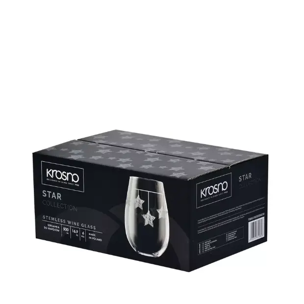Set of six Krosno Star Stemless Wine Glasses by Glassware UK, 500ml capacity, featuring silver hanging star designs.