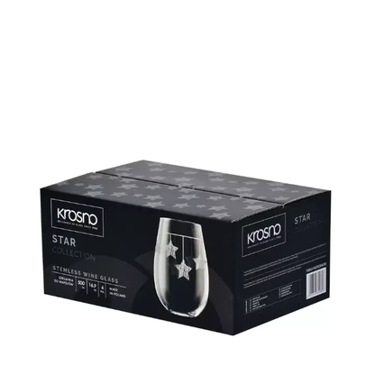 Set of six Krosno Star Stemless Wine Glasses by Glassware UK, 500ml capacity, featuring silver hanging star designs.