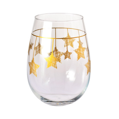 Set of six Krosno Star Stemless Wine Glasses with gold hanging star designs, 500ml capacity, elegant glassware from Glassware UK.