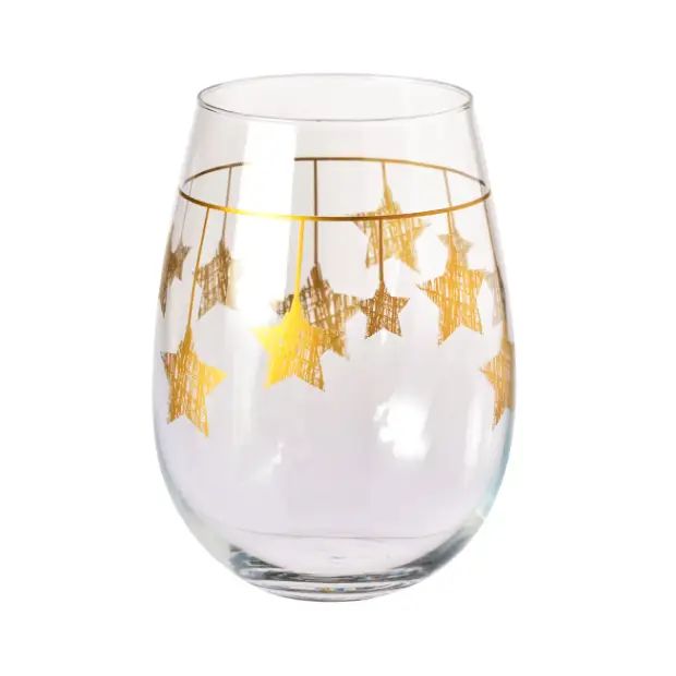 Set of six Krosno Star Stemless Wine Glasses with gold hanging stars, 500ml capacity, stylish glassware by Glassware UK