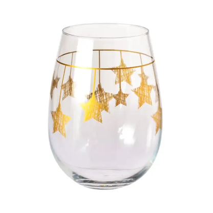 Set of six Krosno Star Stemless Wine Glasses with gold hanging stars, 500ml capacity, stylish glassware by Glassware UK
