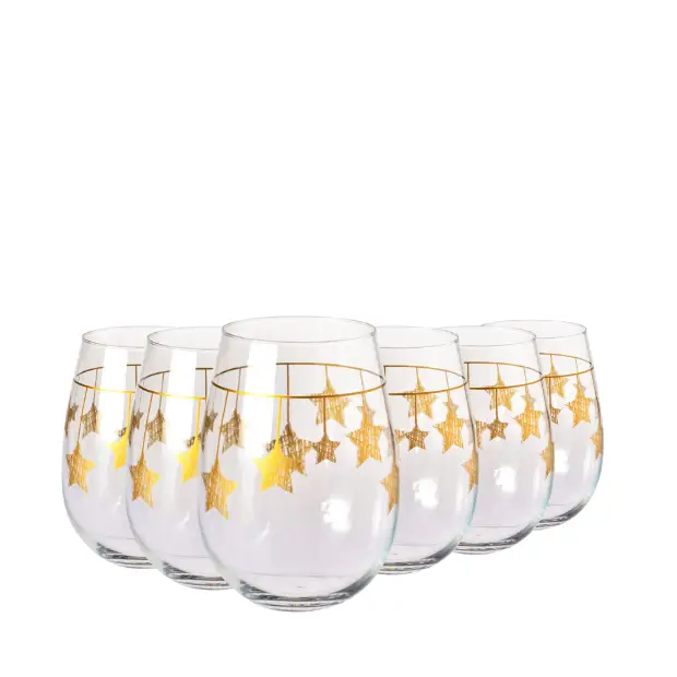 Set of six Krosno Star Stemless Wine Glasses with gold hanging star designs, 500ml capacity, crafted by Glassware UK.