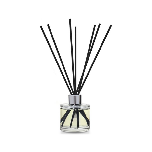 Glass Reed Diffuser from Glassware UK with various scents, shown in a gift box, featuring elegant glass bottle and reed sticks.