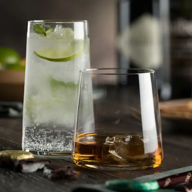 Set of six Glassware UK Mode highball glasses, 430ml whisky tumblers with clear glass design perfect for serving drinks.